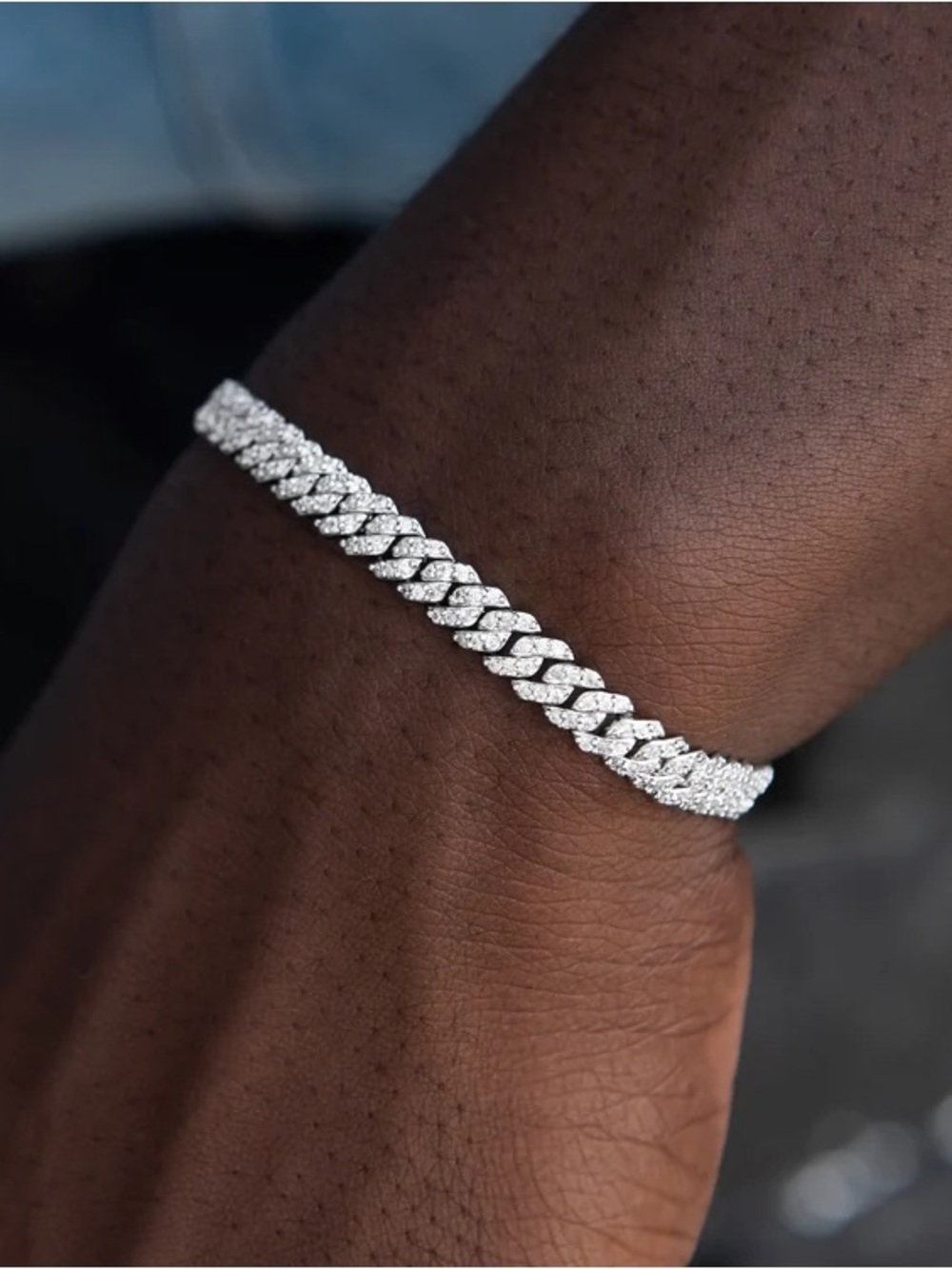 Micro Diamond Prong Cuban Bracelet in White Gold - 6mm